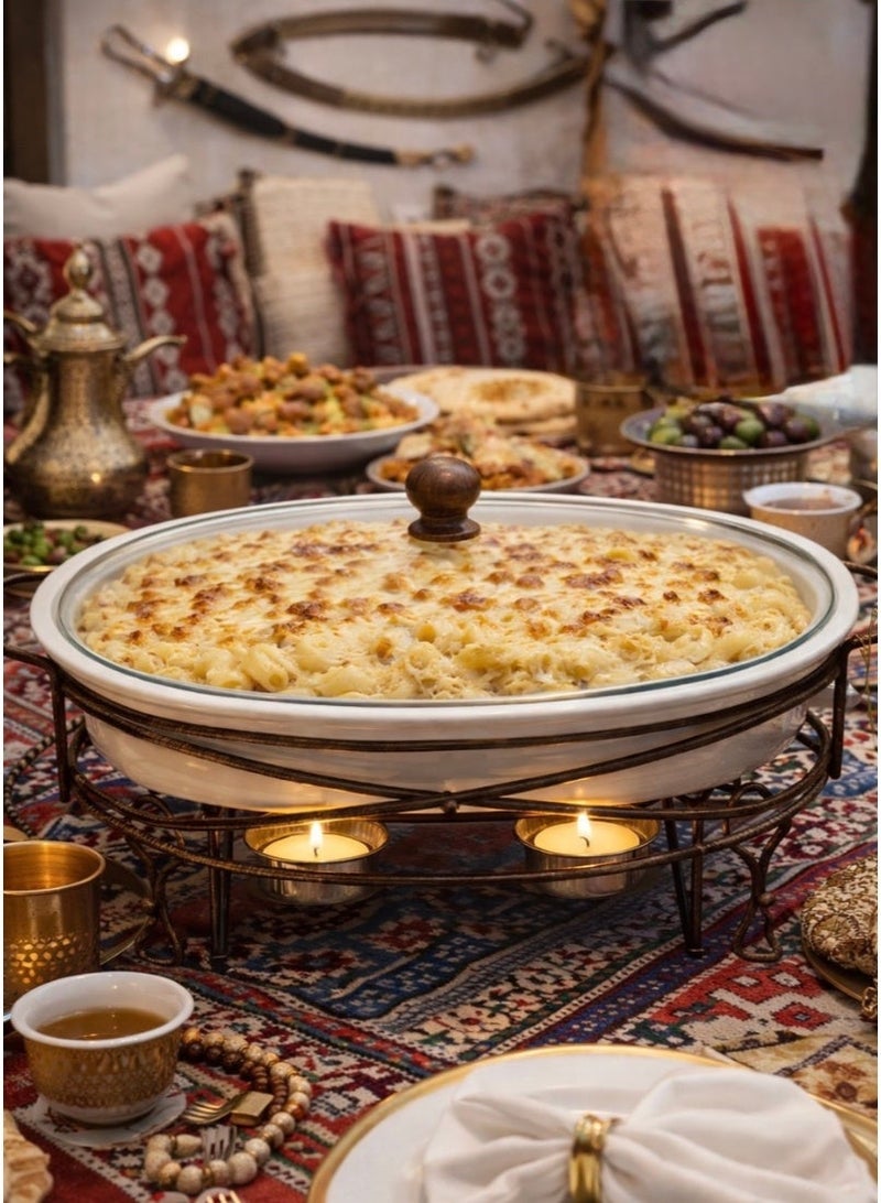 AL-GANNAS 2.7L Oval Ceramic Buffet Food Warmer on Metal Stand | With 2 Tealight Candle Holders, Chafing Dish for Keeping Food Warm - Image 1